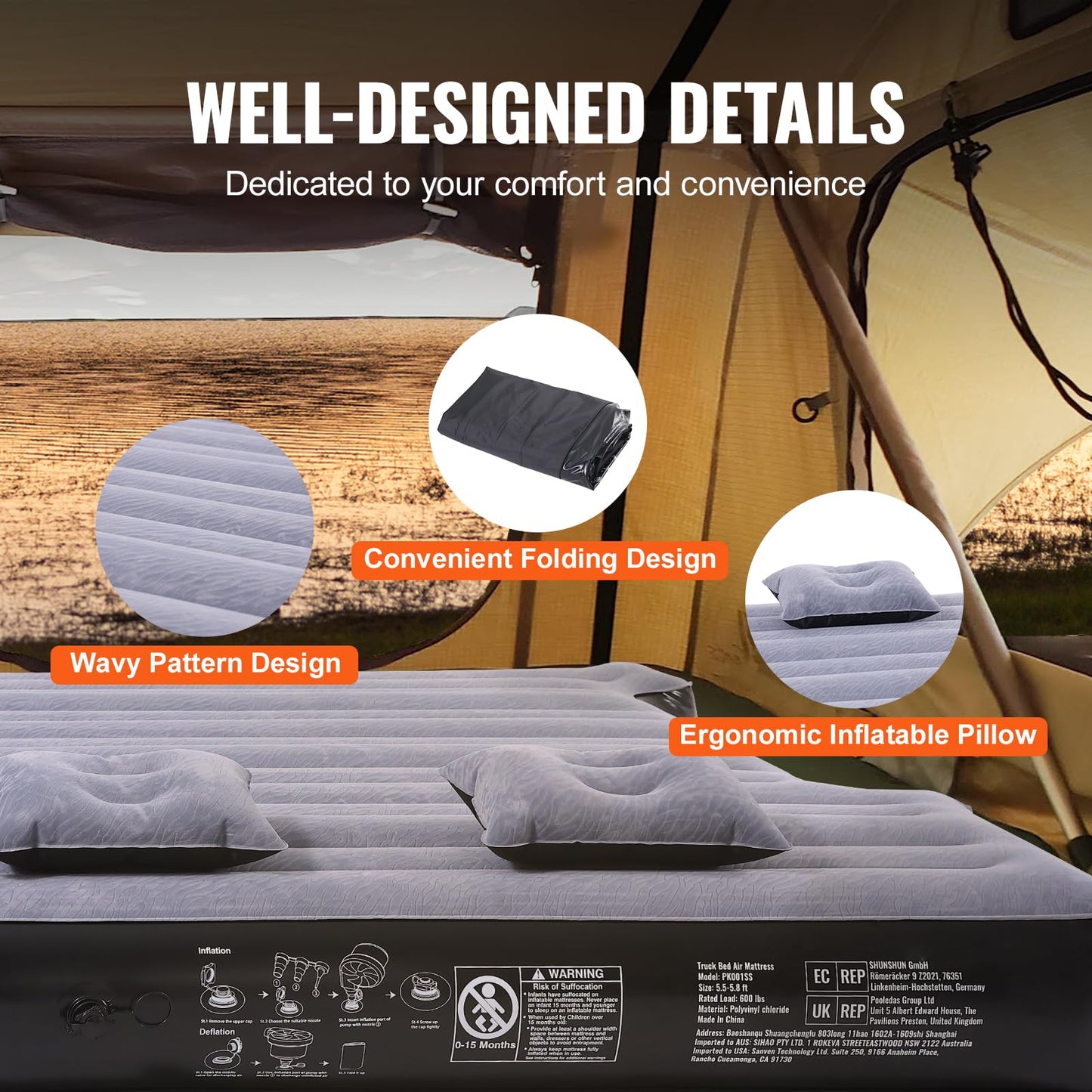 VEVOR Truck Bed Air Mattress, for 5.5-5.8 ft Full Size Short Truck Beds, Inflatable Air Mattress Camping Bed with 12V Air Pump 2 Pillows, Carry Bag, for Silverado, RAM, F Series, Sierra, Titan, Tundra VEVOR