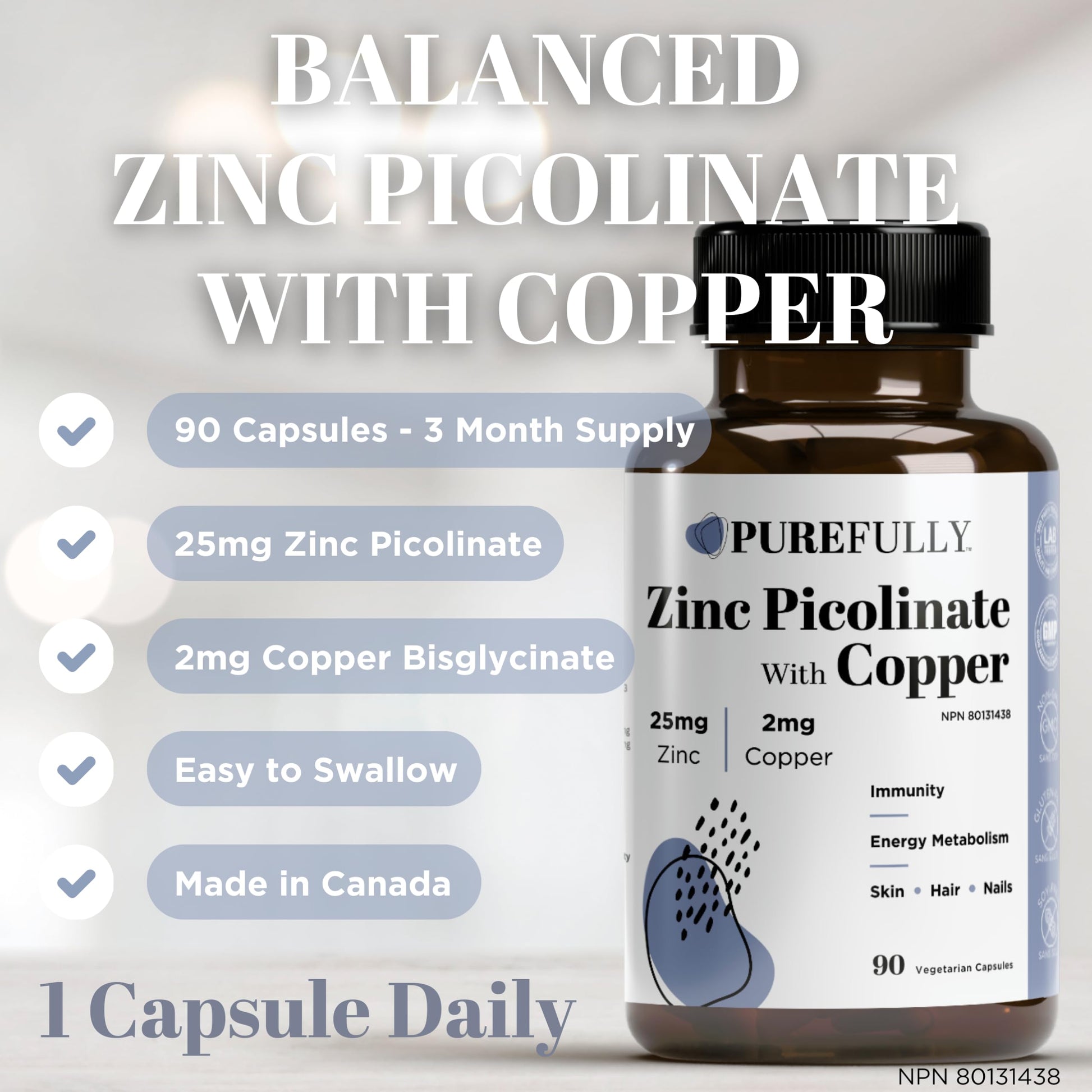 PUREFULLY Zinc Picolinate 25mg with Copper 2mg Capsules - Multi-Mineral Zinc with Copper Supplement for Immune Support - Vegan, Gluten Free (90 capsules) - Available at All In One Marketplace Canada