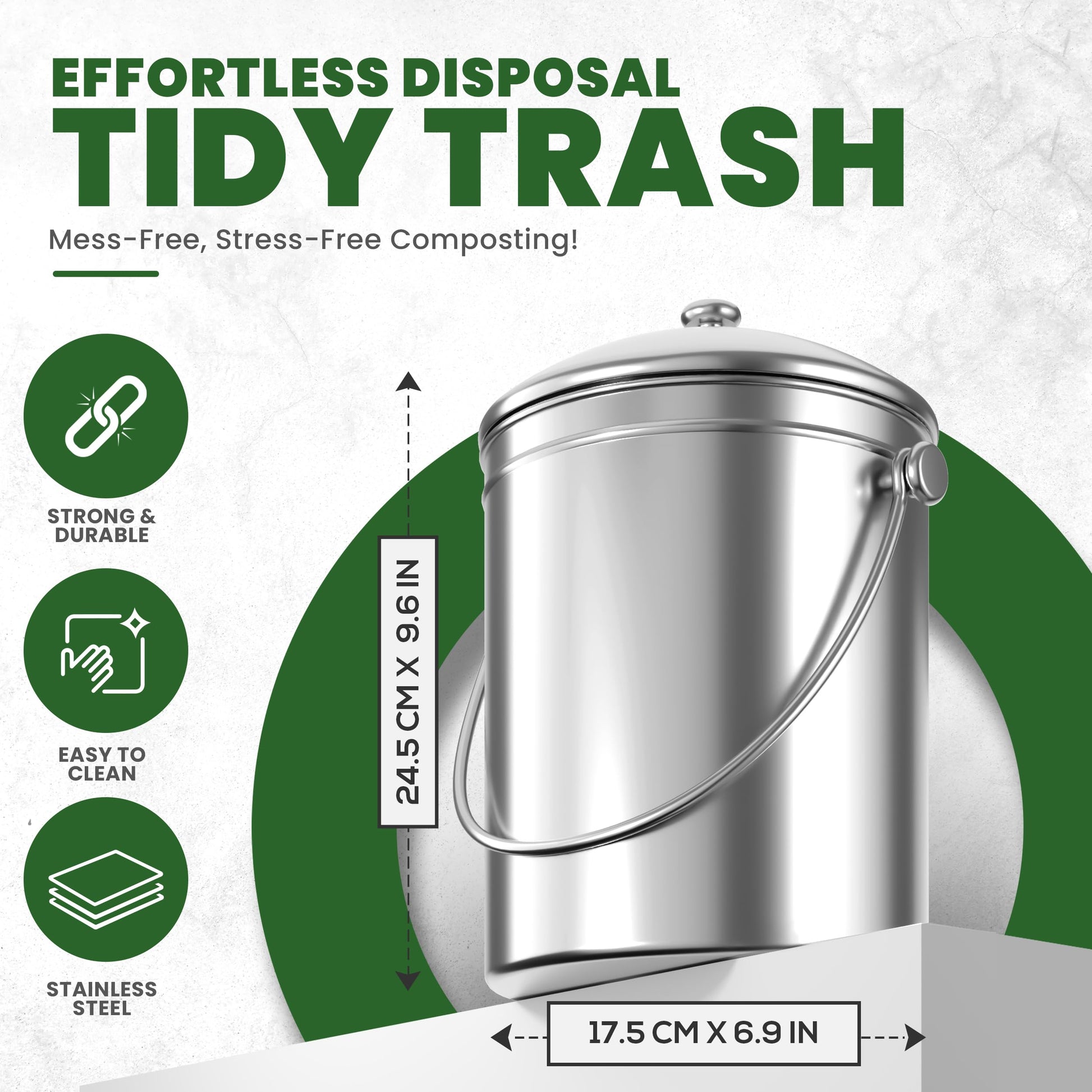 KICHLY Compost Bin, Stainless Steel Bin for Kitchen Countertop, 1.3 Gallon Composting Bucket, Compost Pail with Lid, Includes 1 Spare Charcoal Filter, Silver - Available at All In One Marketplace Canada