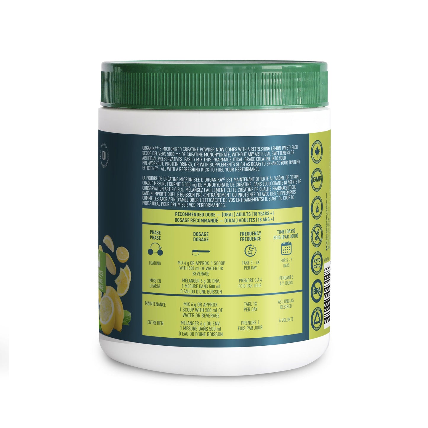 Organika Canadian-Made Creatine Powder- Lemonade- Pure Micronized Creatine Monohydrate - Helps Build Lean Muscle, Increase Strength, and Improved Recovery and Performance for Men and Women - 600g