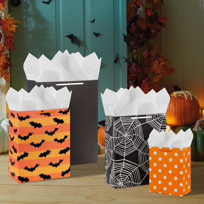 Sacs cadeaux assortis Hallmark pour Halloween en gros - Noir, orange et violet (12 sacs : 5 moyens de 23 cm, 4 grands de 33 cm, 3 très grands de 38 cm) à rayures, pois et unis pour enfants, enseignants, anniversaires