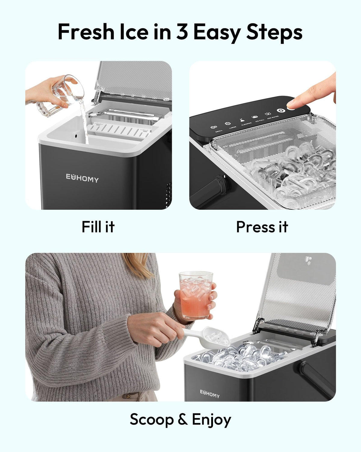 EUHOMY Countertop Ice Maker, 9 Cubes in 6 Min, Auto-Cleaning, Black