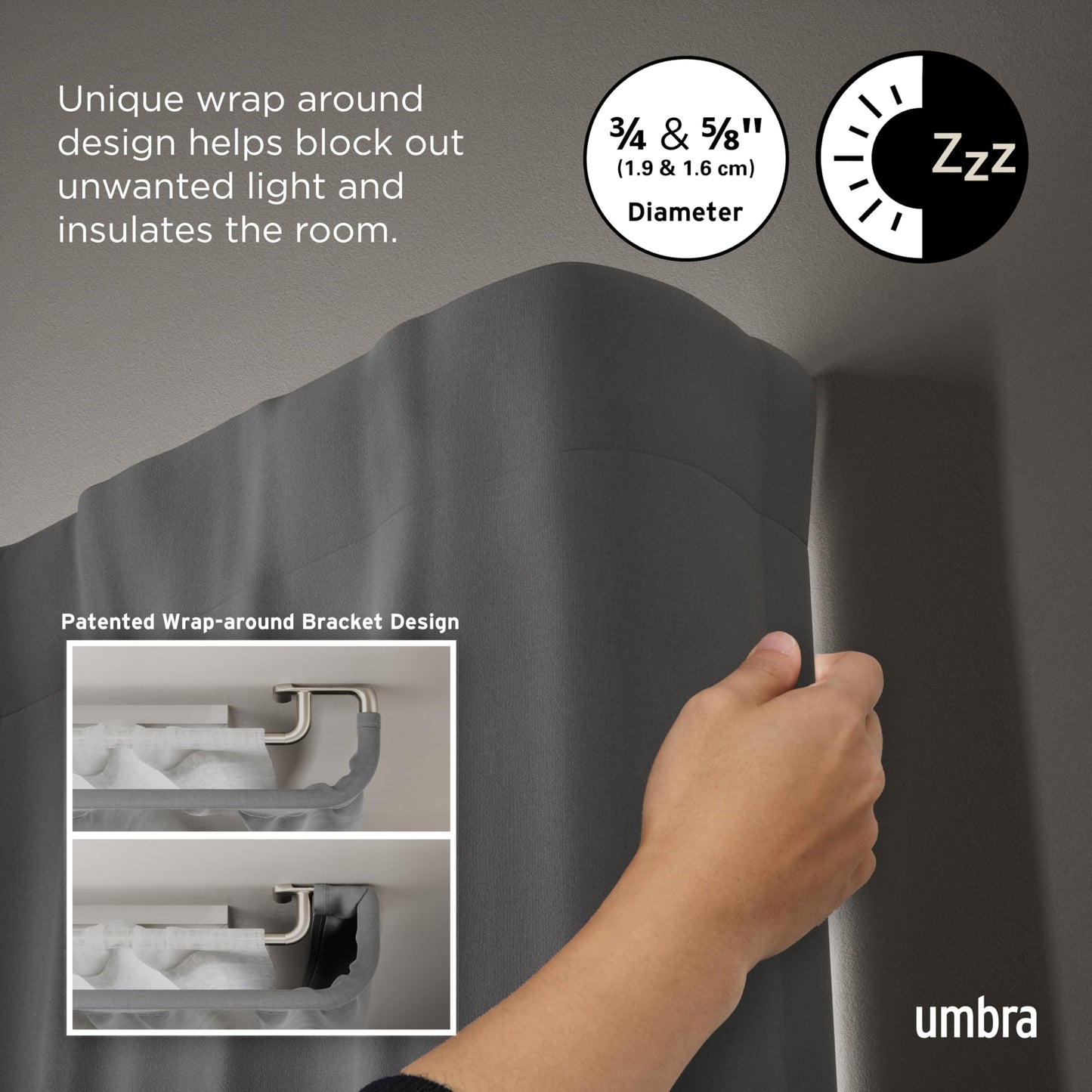 Umbra Twilight Double Curtain Rod Set – Wrap Around Design Ideal for Blackout or Room Darkening Panels, 30 to 84 Inches, Nickel Umbra