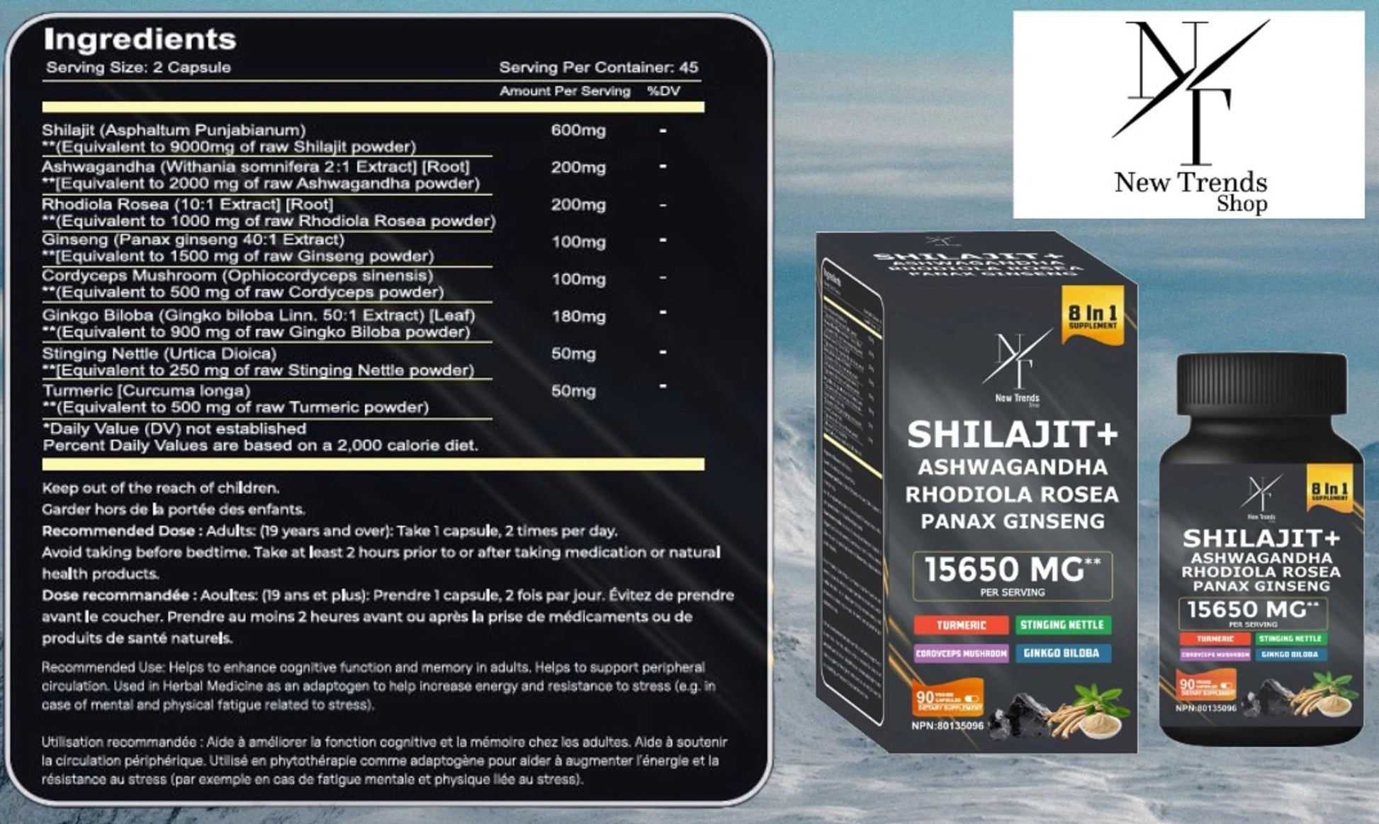 8-in-1 Shilajit Himalayan Organic Supplement with Shilajit 9000, Ashwagandha 2000MG, Rhodiola Rosea 1000MG, Panax Ginseng 1500MG, Cordyceps Mushroom 500MG, Gingko Biloba 500MG, Stinging Nettle 250MG, Turmeric (15,250 MG - 90 Caps) - Available at All In One Marketplace Canada