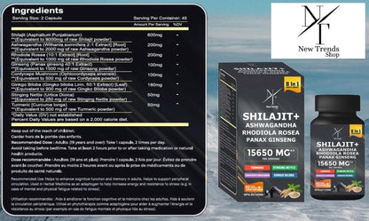 8-in-1 Shilajit Himalayan Organic Supplement with Shilajit 9000, Ashwagandha 2000MG, Rhodiola Rosea 1000MG, Panax Ginseng 1500MG, Cordyceps Mushroom 500MG, Gingko Biloba 500MG, Stinging Nettle 250MG, Turmeric (15,250 MG - 90 Caps) - Available at All In One Marketplace Canada