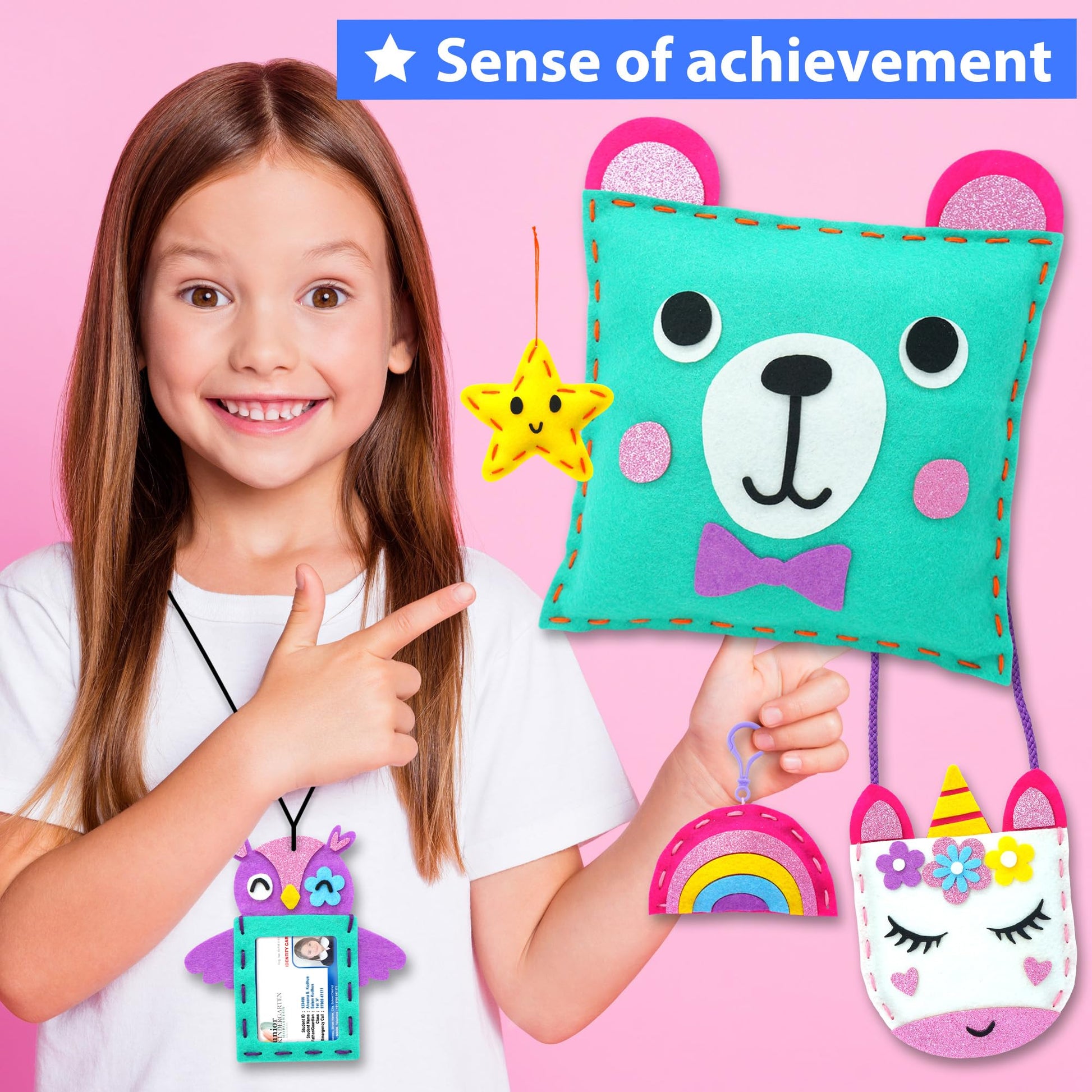 KRAFUN My First Sewing Kit for Kids Age 5+ Beginner Art & Craft, Includes 7 Easy Projects Dolls, Pillows, Bag, Instruction & Plush Felt Materials for Learn to Sew, Embroidery Skills - Available at All In One Marketplace Canada