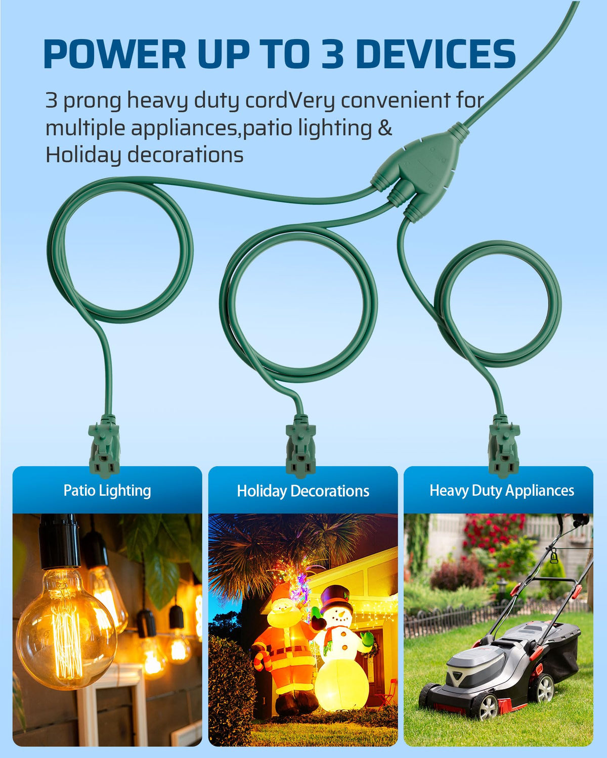 DEWENWILS 25FT (7’+6’*3) Outdoor Extension Cord with 3 Outlets, Evenly Spaced 3 Outlets Plugs with Cover, Weatherproof SJTW 16/3 Wire for Outdoor String Lights and Holiday Decorations, 1 Pack, Green 🍁 All In One Marketplace Canada
