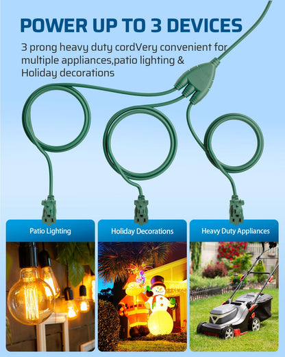 DEWENWILS 25FT (7’+6’*3) Outdoor Extension Cord with 3 Outlets, Evenly Spaced 3 Outlets Plugs with Cover, Weatherproof SJTW 16/3 Wire for Outdoor String Lights and Holiday Decorations, 1 Pack, Green 🍁 All In One Marketplace Canada