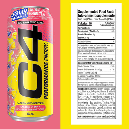 Cellucor C4 Performance Energy Drink, Jolly Rancher Watermelon, Carbonated Sugar Free Drink with no Artificial Colours or Dyes, 473mL, 12 count