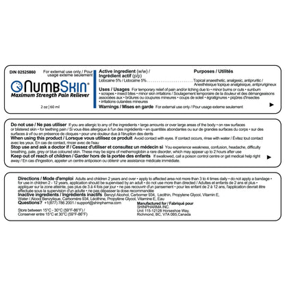 Numbskin 5% Lidocaine Numbing Cream – Fast-Acting Topical Anesthetic for Temporary Pain Relief – Commonly Used Before Tattoo, Microneedling, Waxing & Piercing – With Vitamin E – 2 oz (56 g) - Available at All In One Marketplace Canada