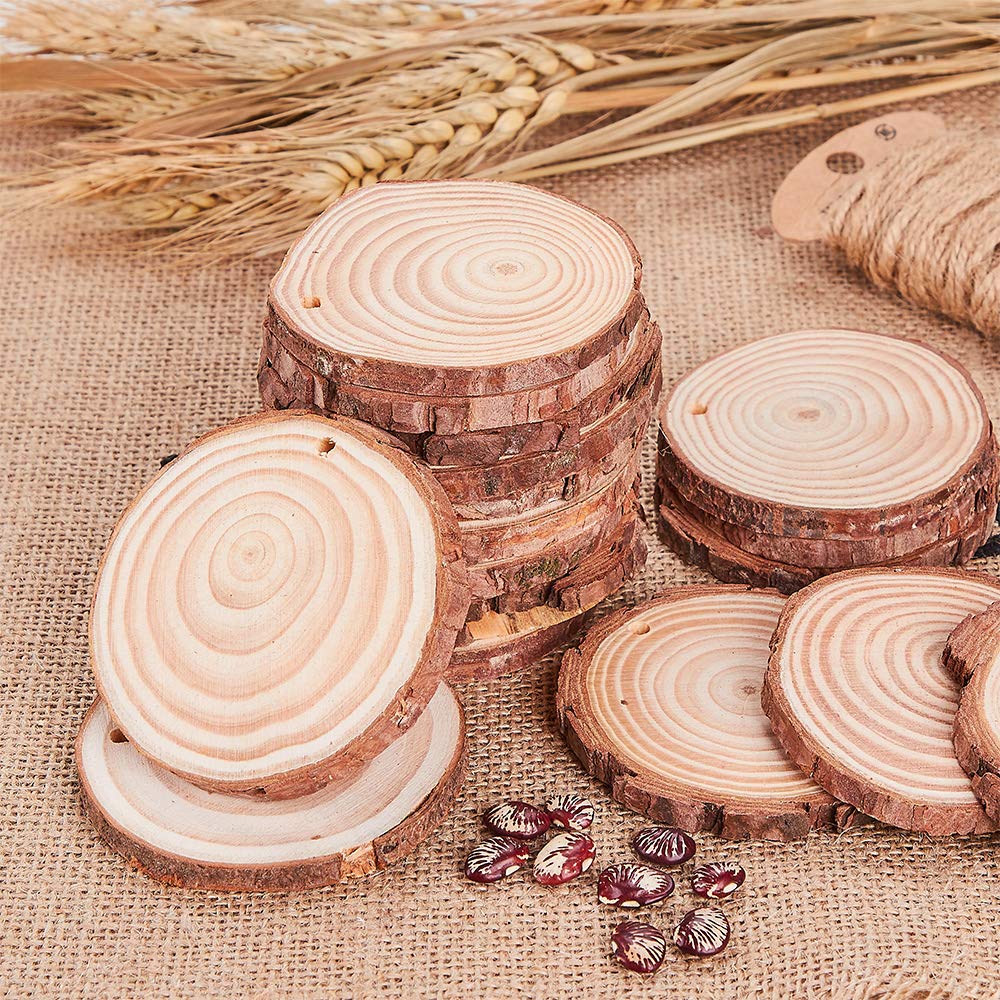 HOHOTIME Natural Wood Slices, 50 PCS 2''-2.4'' Unfinished Predrilled with Hole Wood Discs with Twine, Round Wood Circles DIY Craft Kit for Wedding Decoration Christmas Ornaments 🍁 All In One Marketplace Canada