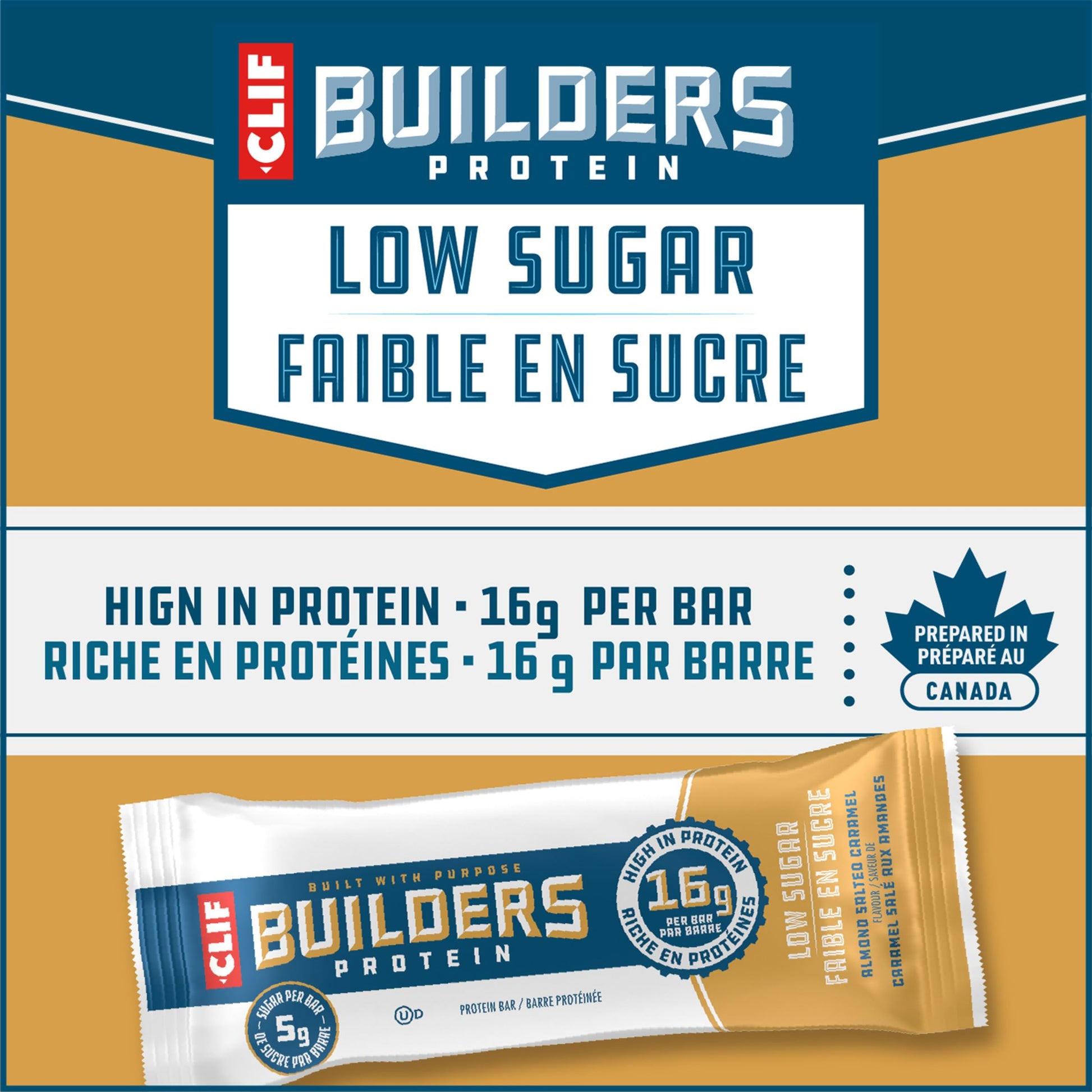 CLIF BUILDERS Low Sugar Protein Bars – Almond Salted Caramel, 12-Pack (56g each)