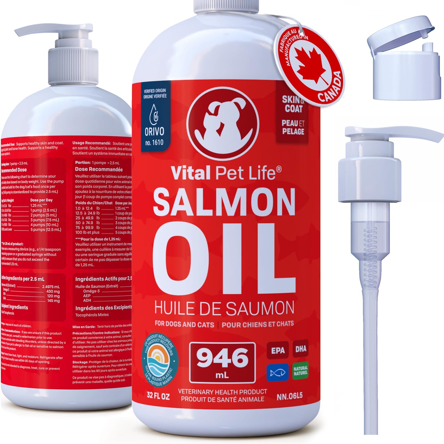 Salmon Oil for Dogs 946 mL - Healthy Skin & Coat, Fish Oil, Omega 3 EPA DHA, Liquid Food Supplement for Pets, All Natural, Supports Joint & Bone Health, Natural Allergy & Inflammation Defense