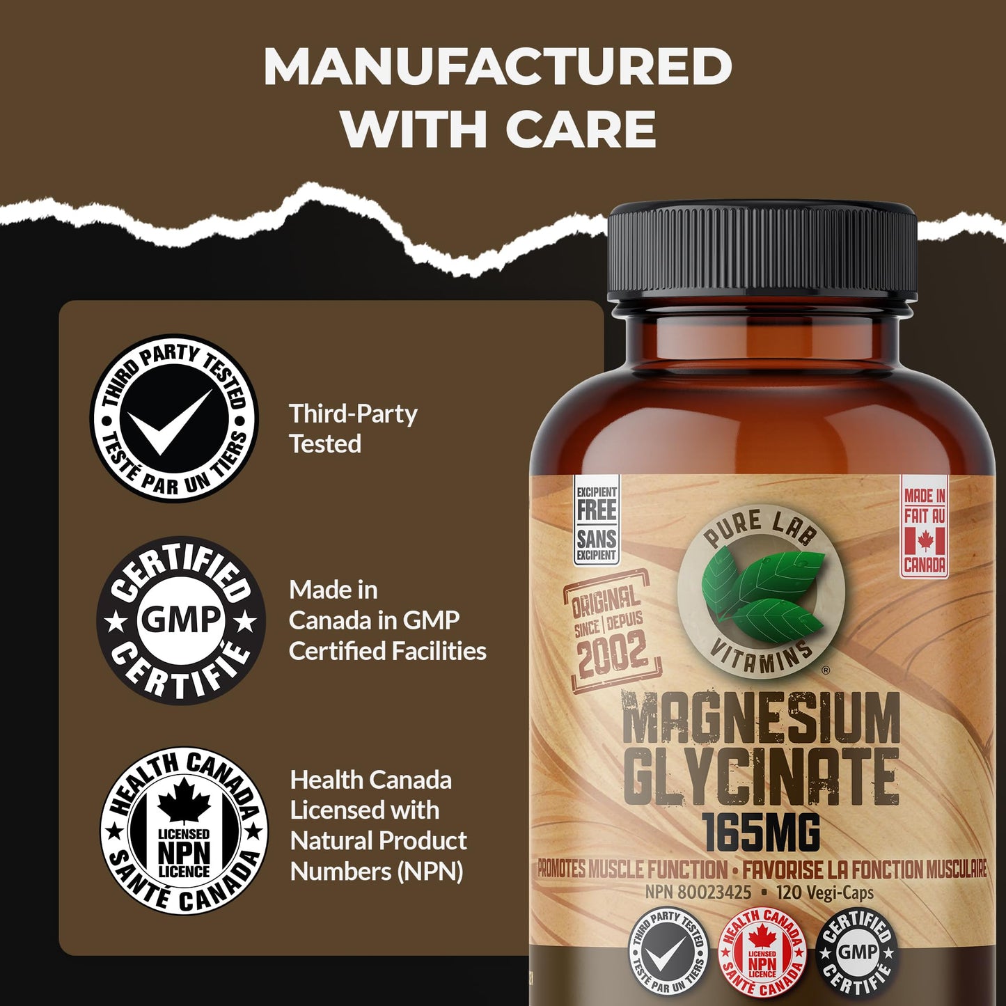 Pure Lab Vitamins Magnesium Glycinate 165mg – 120 vegicaps - Supports Muscle Function - Available at All In One Marketplace Canada