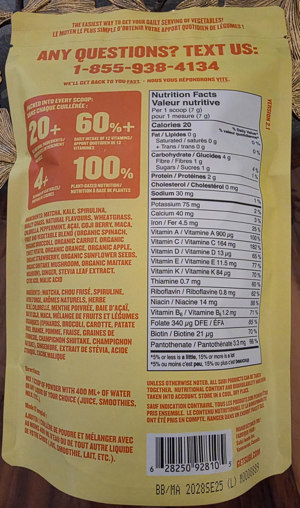 SUBI Greens Superfood Pineapple Mango Blend - Nutrient-Dense Vegetable & Fruit Powder, 40-Day Supply, Made in Canada