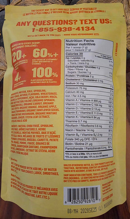 SUBI Greens Superfood Pineapple Mango Blend - Nutrient-Dense Vegetable & Fruit Powder, 40-Day Supply, Made in Canada