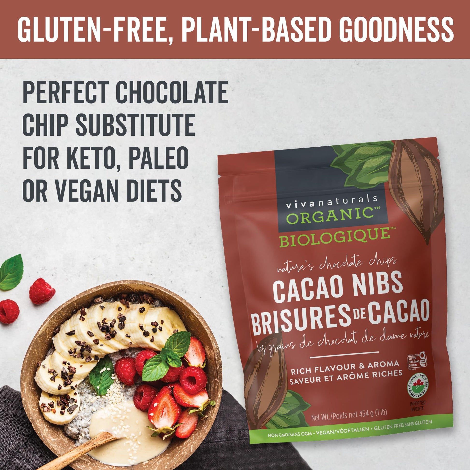 Viva Naturals Organic Cacao Nibs, 1 lb (454 g) - Certified Organic, Keto & Vegan, Gluten-Free Baking