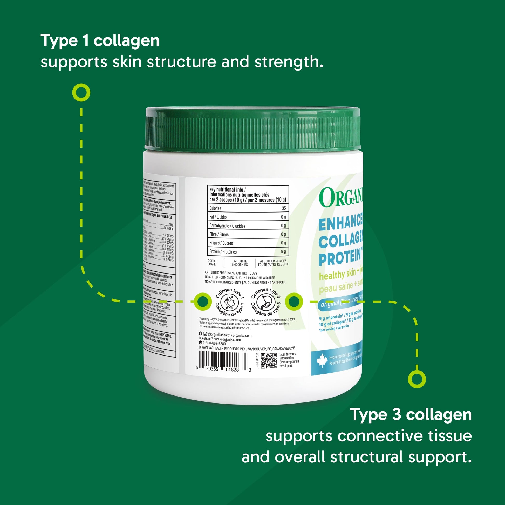 Organika Enhanced Collagen Peptides Powder (Type 1 & 3) – 10g Per Serving for Hair, Skin, Nails & Joints – Canadian-Made, Grass-Fed, Non-GMO, 500g