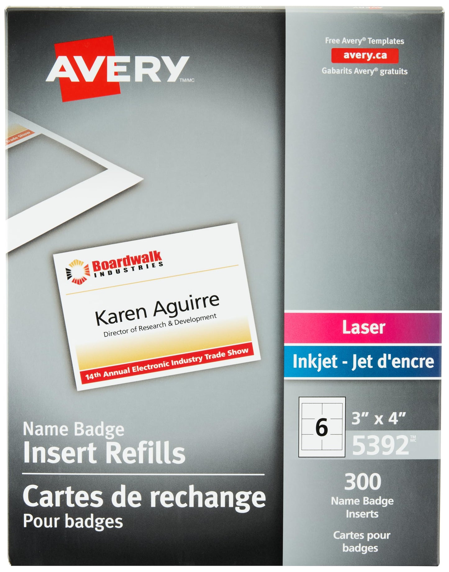 Avery Name Badge Inserts, 3" x 4", Print or Write, for Laser/Inkjet Printers, 300 Name Badge Insets, White (5392) Avery