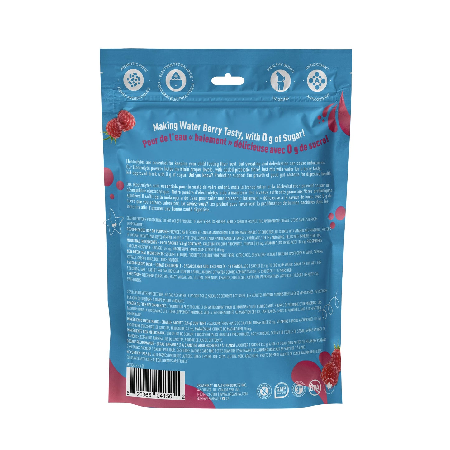 Organika Kids Electrolytes Powder Sticks - Sugar-Free Hydration + Immune support with 100% of daily Vitamin C, Minerals and Prebiotic Fibre | Raspberry Rush Flavour - 3.5g x 20 sachets - Available at All In One Marketplace Canada