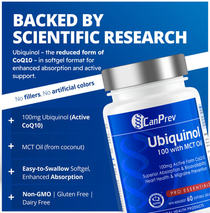 CanPrev Ubiquinol 100mg with MCT Oil, 60 Softgels, 2-Month Supply, CoQ10 Supplement for Heart & Cardiovascular Support, Enhanced Absorption, Non-GMO & Gluten Free, Coenzyme Q10 for Energy & Vitality - Available at All In One Marketplace Canada