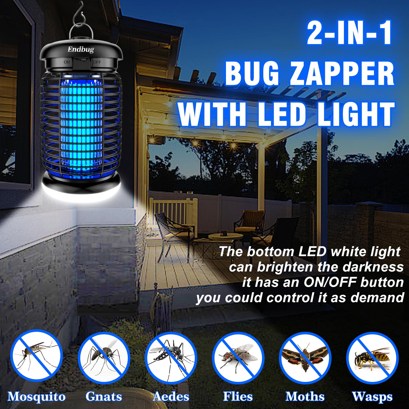 Endbug Bug Zapper Outdoor with LED Light, Mosquito Zapper Outdoor, 4200V Electric Bug Zapper, 5ft Power Cord, IPX6 Waterproof Fly Trap, 2-in-1 Fly Zapper Indoor for Patio Garden Backyard Home, Plug in