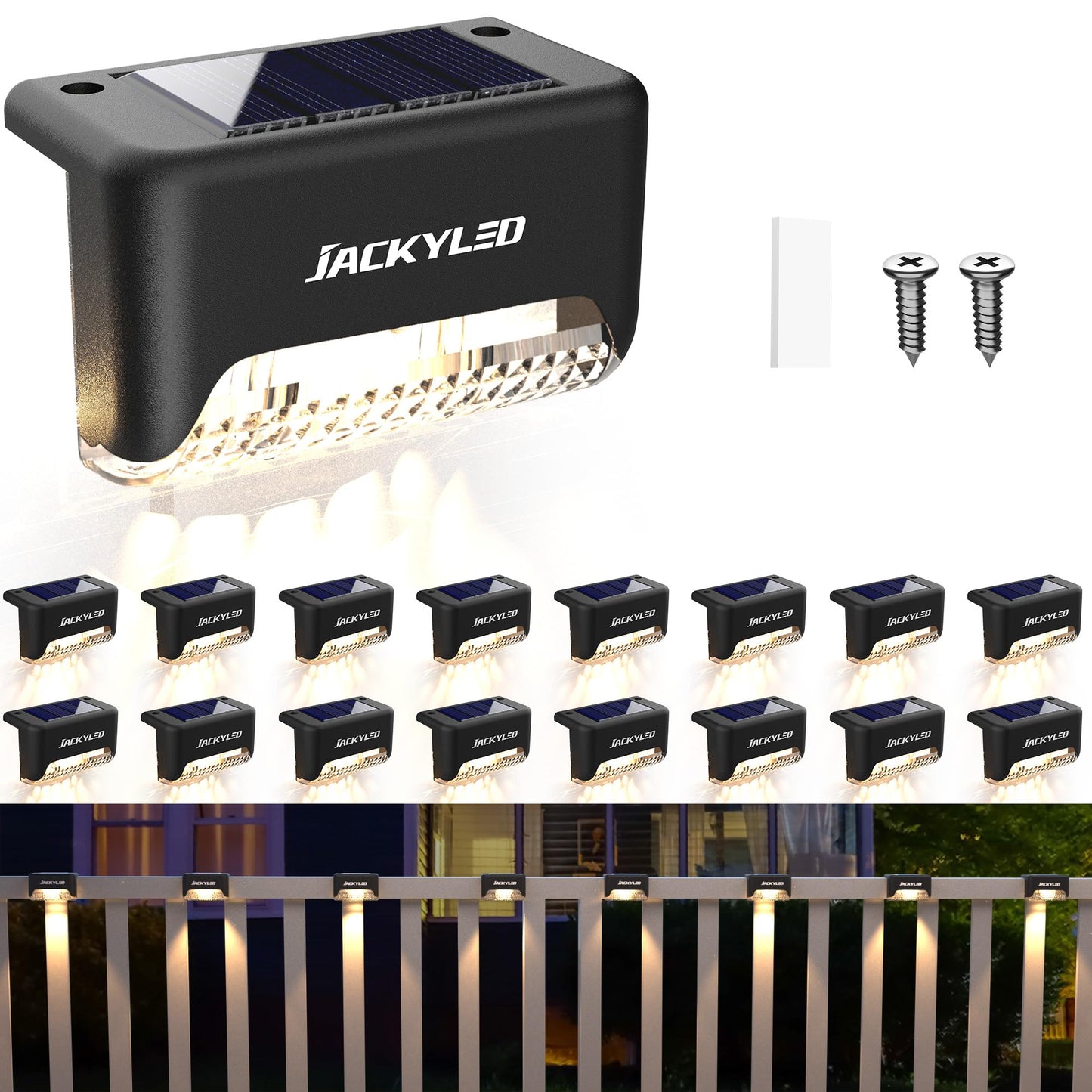 Solar Deck Lights Outdoor 16 Pack, JACKYLED Solar Step Lights Outdoor Waterproof LED Solar Powered Stair Lights for Patio Deck Porch Step Fence Railing Wall Garden Pool Yard - Available at All In One Marketplace Canada