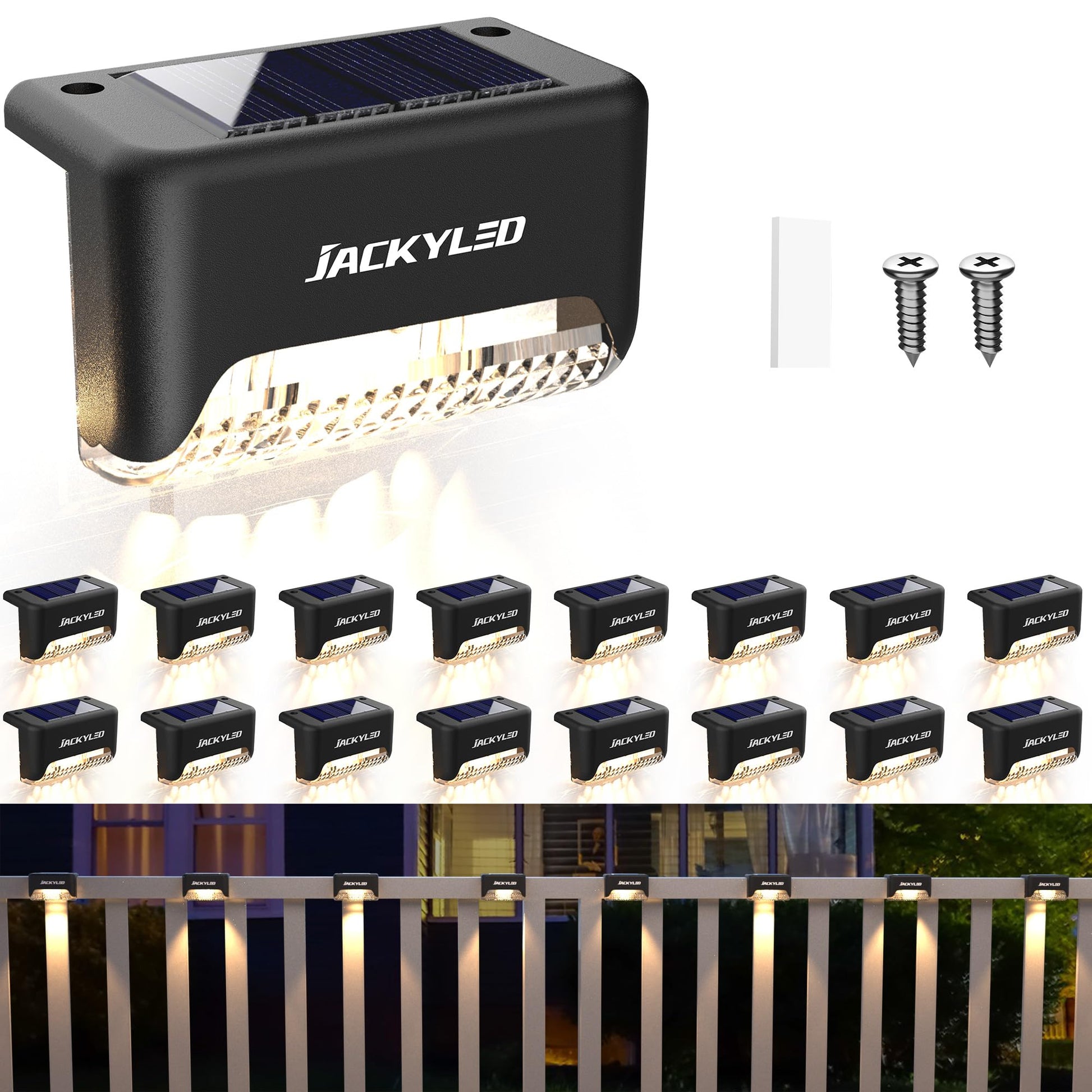 Solar Deck Lights Outdoor 16 Pack, JACKYLED Solar Step Lights Outdoor Waterproof LED Solar Powered Stair Lights for Patio Deck Porch Step Fence Railing Wall Garden Pool Yard - Available at All In One Marketplace Canada