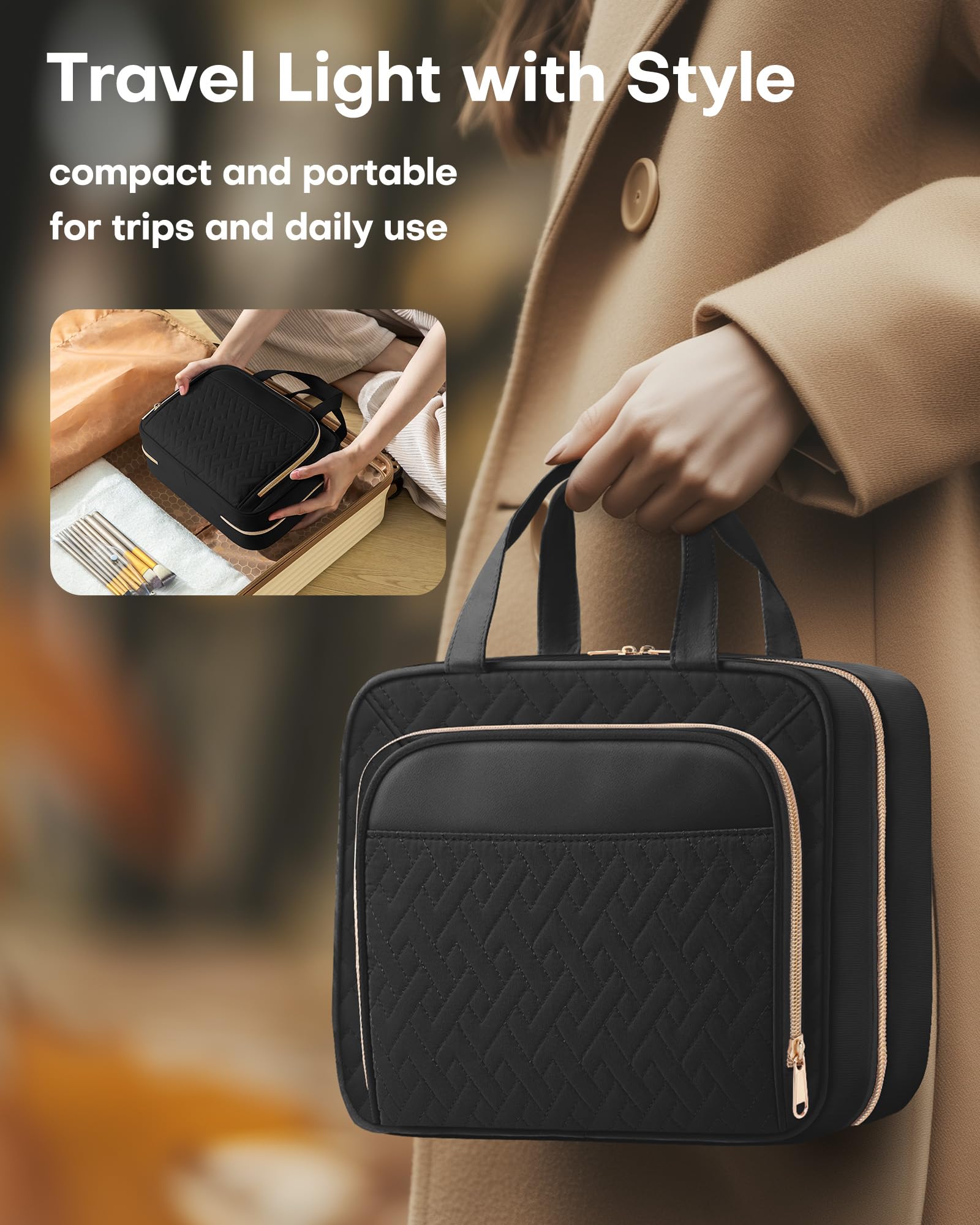 HOTOR Travel Toiletry Bag for Women - Spacious Toiletry Bag for Men, Waterproof Makeup Bag with Hanging Hook and Multiple Pockets, Travel Accessories, Travel Essentials, Black, Medium