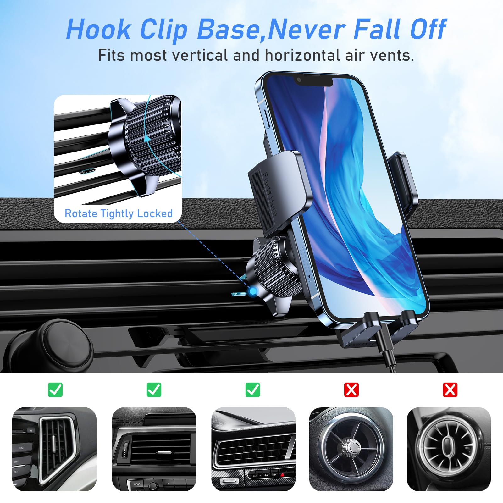 Blukar Phone Holder Car, Air Vent Car Phone Mount with Upgraded Ultra Stable Hook Clip, 360° Rotation, One Button Release Cellphone Holder for iPhone, Google, Galaxy and All Mobile Phones - Available at All In One Marketplace Canada