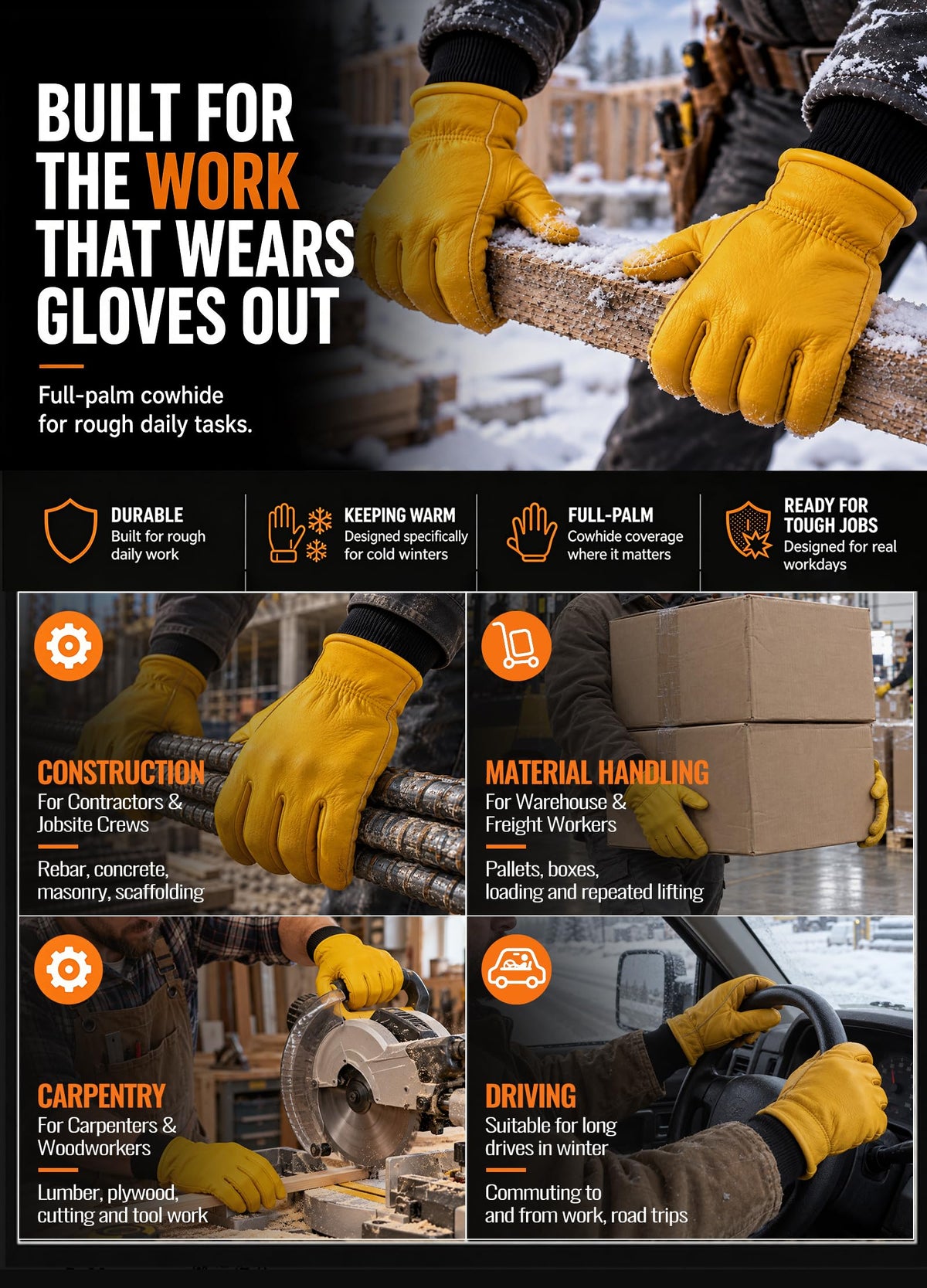 DLY Winter Work Gloves for Men,Insulated Work Gloves,Warm,Cowhide,Yellow,M 🍁 All In One Marketplace Canada