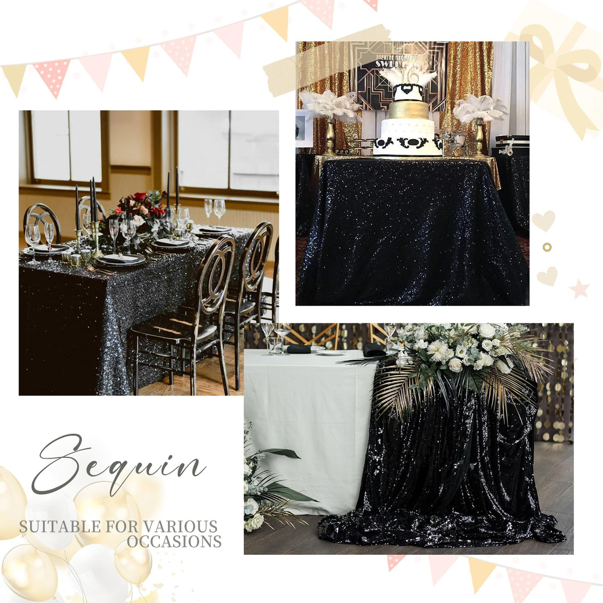 SoarDream Black Sequin Tablecloth 90x132 Inch Sequence Halloween Party Tablecloth Sequin Fabric Wedding Birthday Graduation Cake Table Decorations