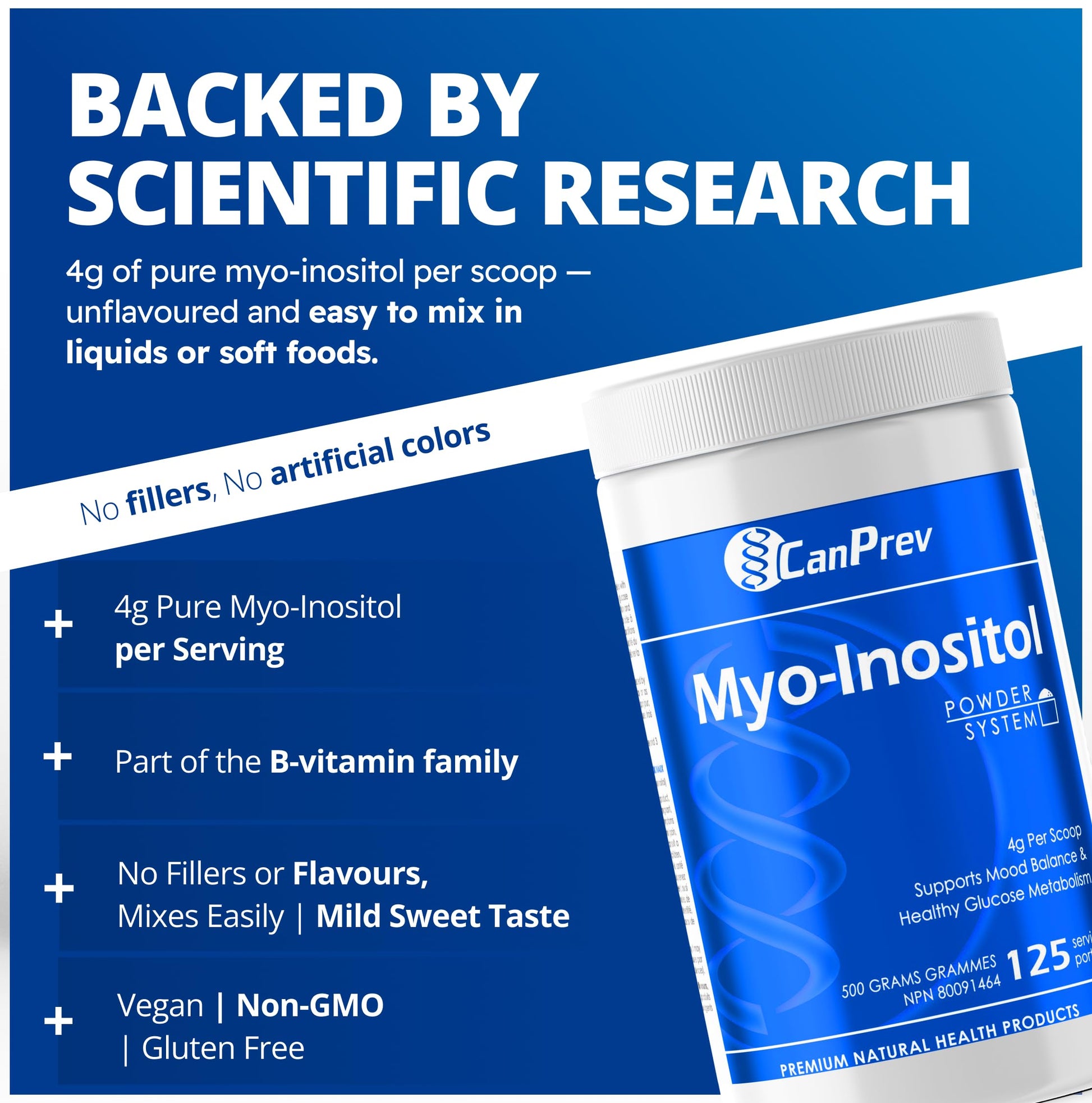 CanPrev Myo-Inositol Powder 500g, 125 Servings, PCOS Supplement for Women, Supports Glucose Metabolism, Ovulatory Function, Cellular Health and Wellness - Available at All In One Marketplace Canada