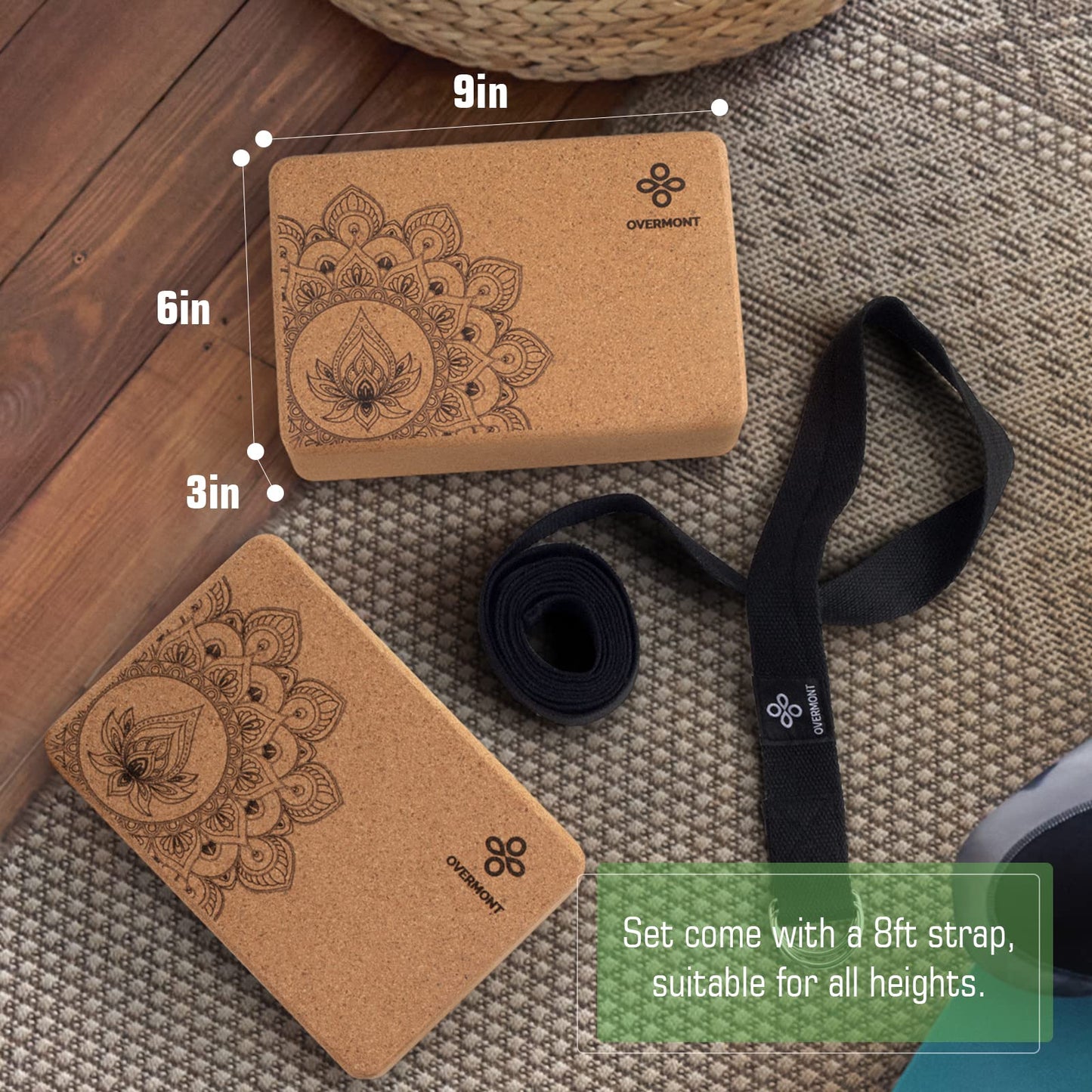Overmont Cork Yoga Blocks 2 pack with Strap Set Natural Cork Yoga Bricks- High Density & Non-Slip Yoga Accessories for Women - Ideal for Yoga Pilates Fitness and Stretching 9x6x3'' OVERMONT