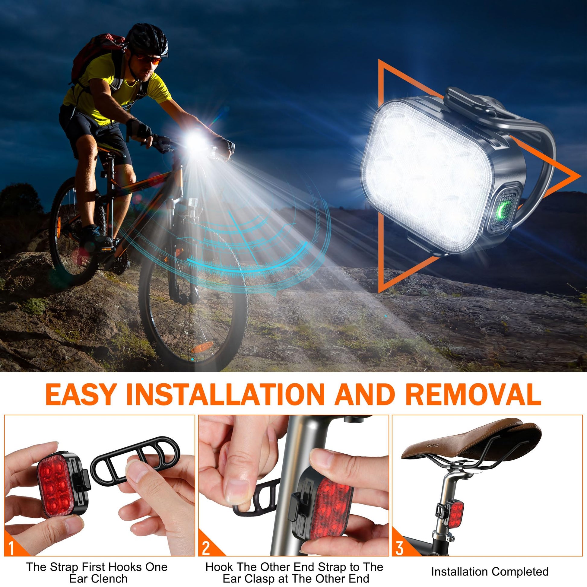 Bike Lights, Combination of Bike Front Light and Tail Light, IP65 Waterproof USB Charging, Equipped with 6 Ultra-Bright LED Beads, 4+6 Lighting Modes, Suitable for Riding at Night