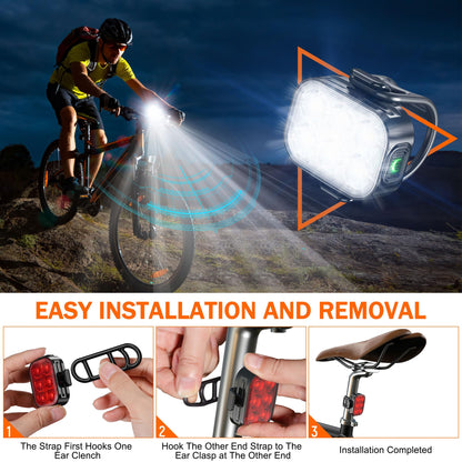 Bike Lights, Combination of Bike Front Light and Tail Light, IP65 Waterproof USB Charging, Equipped with 6 Ultra-Bright LED Beads, 4+6 Lighting Modes, Suitable for Riding at Night