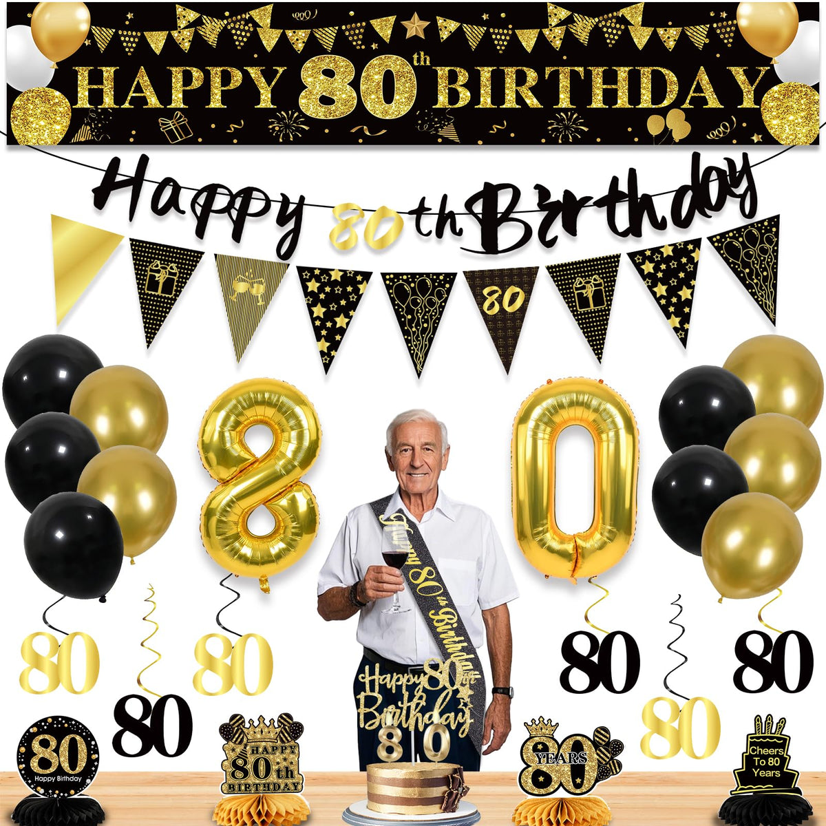80th Birthday Decorations for Men, Black Gold 80th Party Decoration Set 🍁 All In One Marketplace Canada