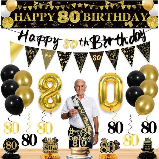80th Birthday Decorations for Men, Black Gold 80th Party Decoration Set 🍁 All In One Marketplace Canada