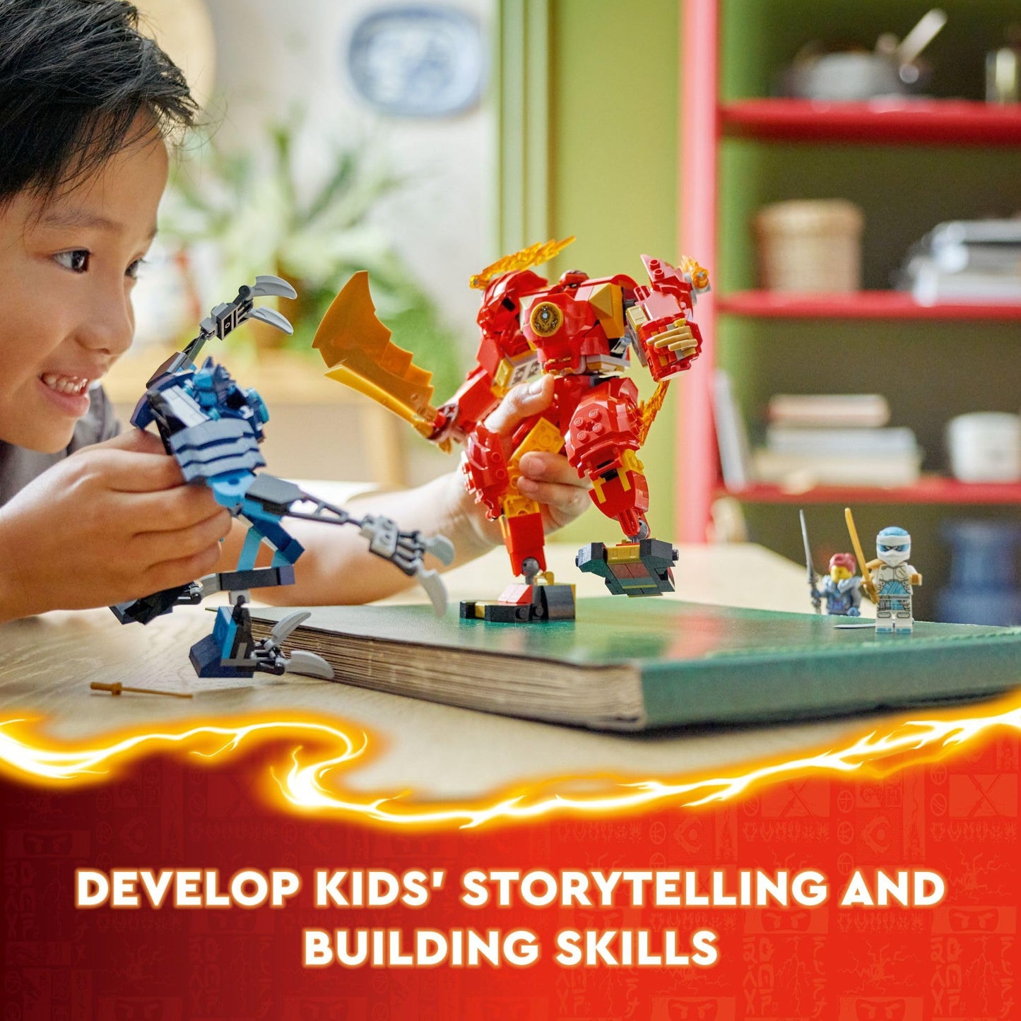 LEGO NINJAGO Kai’s Elemental Fire Mech Action Figure, Mini Ninja Toy for Kids with Customizable Red Ninja Figure Plus Kai and Zane Minifigures, Adventure Set for Boys and Girls Ages 7 and Up, 71808 LEGO