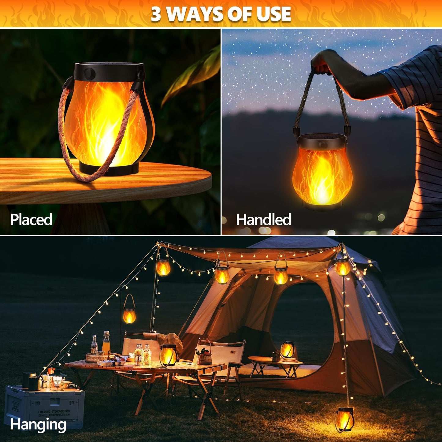 iBaycon 2 Pack Gen2 Solar Lantern Lights USB Ultra-Real Flame, Warm White - Available at All In One Marketplace Canada
