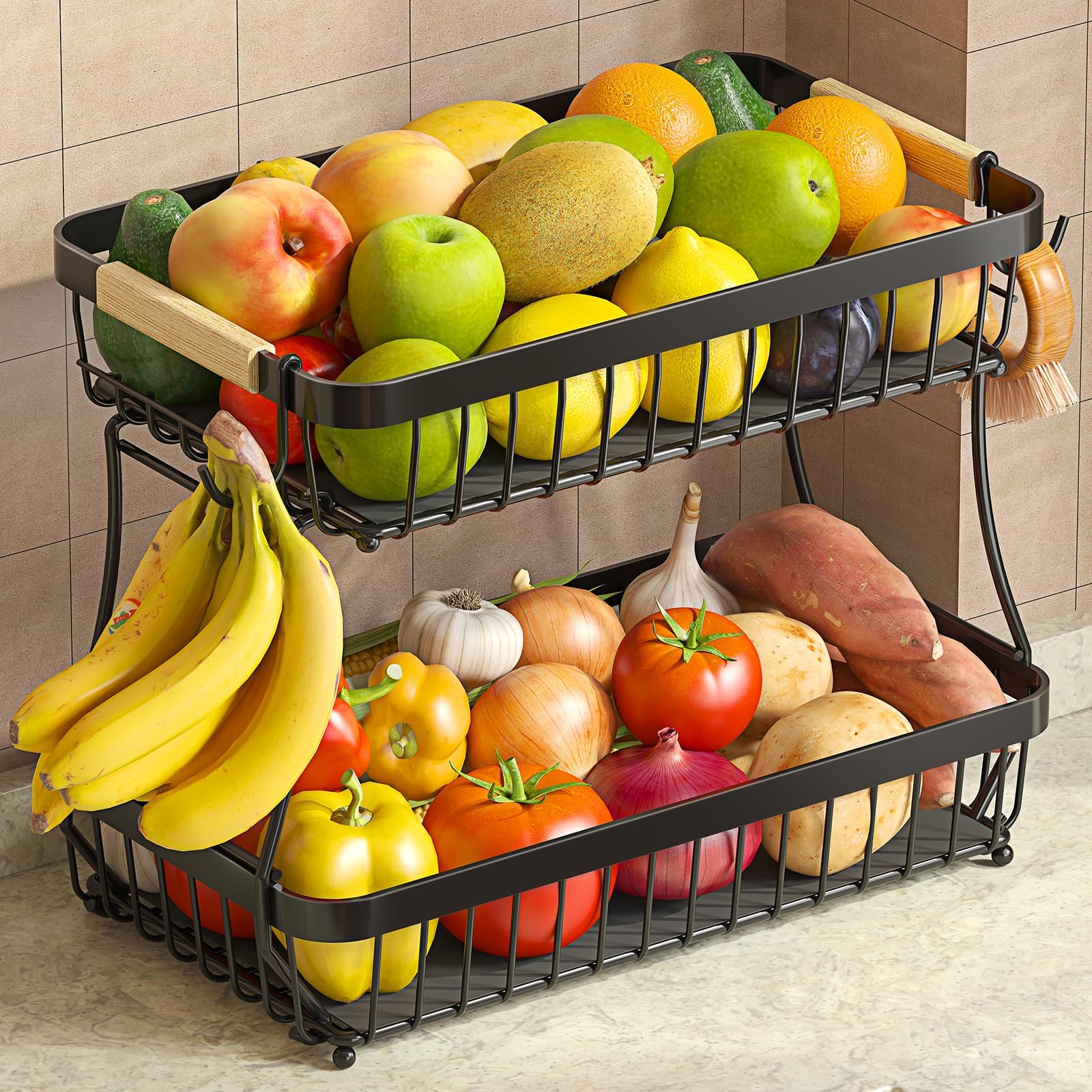 2 Tier Large Fruit Bowl for Kitchen Counter with 2 Banana Holders,2026 Sturdy Metal Fruit Basket with Protective Mats Keeping Fruits Fresh,Kitchen Organizers and Storage for Bread Potato Onion Storage - Available at All In One Marketplace Canada