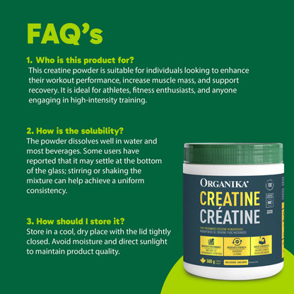 Organika Canadian-Made Creatine Powder- Pure Micronized Creatine Monohydrate - Helps Build Lean Muscle, Increase Strength, and Improved Recovery and Performance for Men and Women - 500g, 100 servings