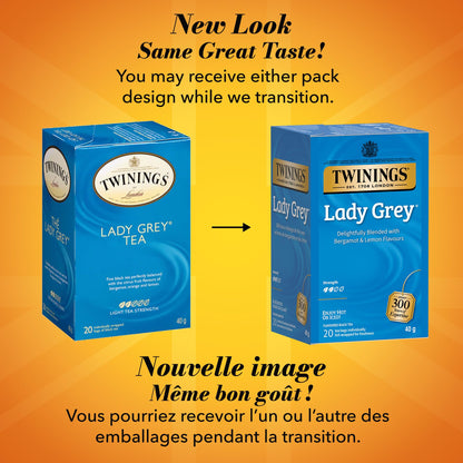 Twinings Lady Grey Individually Wrapped Teabags, Caffeinated, Refreshing Citrus Tea, 20 Count (Pack of 6), Enjoy Hot or Iced