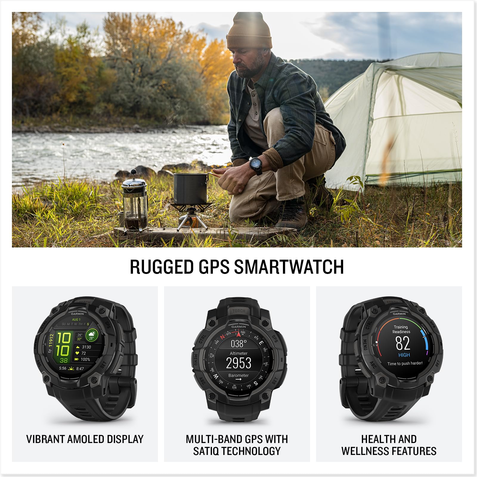Garmin Instinct® 3 45mm, AMOLED Display, Rugged Outdoor GPS Smartwatch, Metal-Reinforced Bezel, Built-in Flashlight, Up to 18 Days of Battery Life, Black Garmin