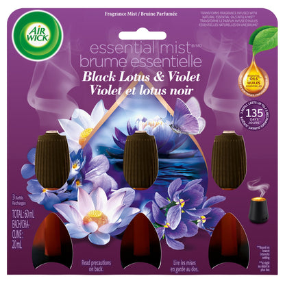 Air Wick Essential Mist Refill – Air Freshener Infused with Essential Oils, Easy Change Refill for Cordless Diffuser – 3 Count – Black Lotus & Violet Scent - Available at All In One Marketplace Canada
