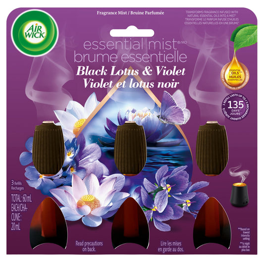 Air Wick Essential Mist Refill – Air Freshener Infused with Essential Oils, Easy Change Refill for Cordless Diffuser – 3 Count – Black Lotus & Violet Scent - Available at All In One Marketplace Canada