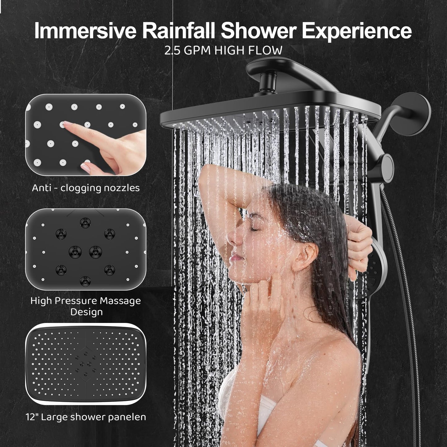 Rain Shower Head, Dual Shower Heads, Adjustable Integrated Bracket with Built-in Magnetic Base and Powerful Water Spray, with Handheld high-Pressure Spray Combination (Black).
