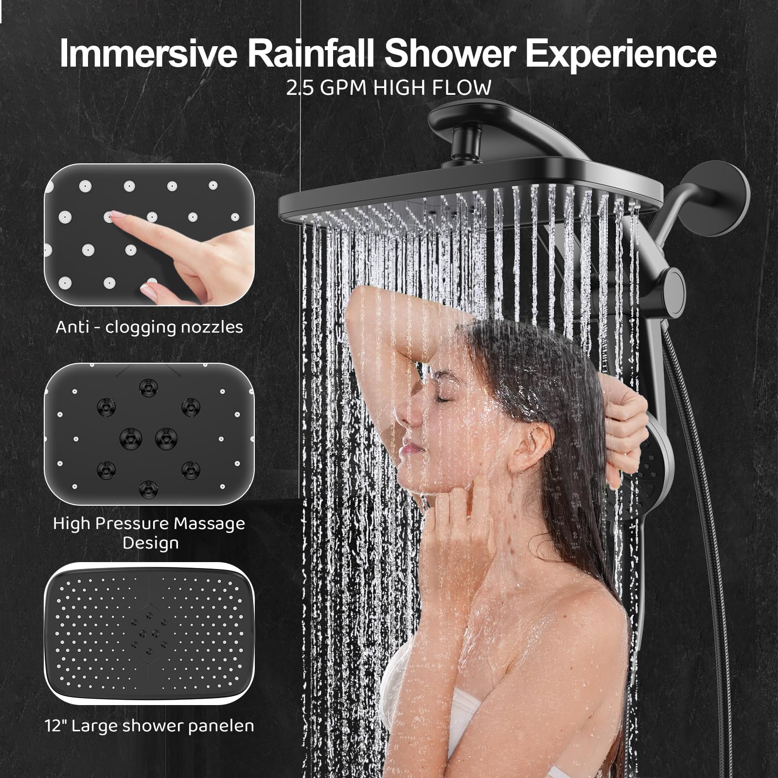 Rain Shower Head, Dual Shower Heads, Adjustable Integrated Bracket with Built-in Magnetic Base and Powerful Water Spray, with Handheld high-Pressure Spray Combination (Black).