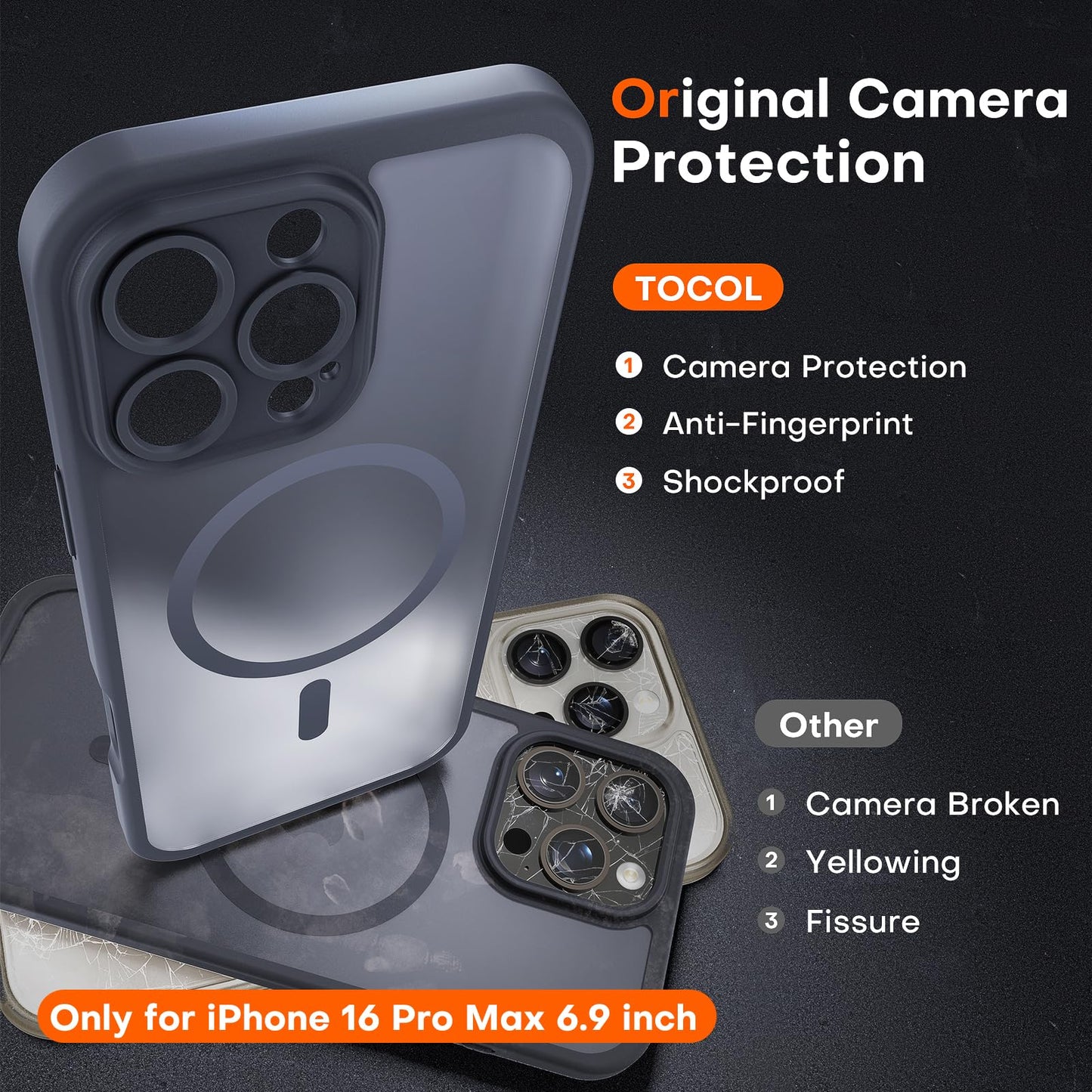 TOCOL Magnetic for iPhone 16 Pro Max Case, Upgraded Full Camera Protection, Fit for MagSafe, Rugged Phone Case for iPhone 16 Pro Max 6.9 Inch, Drop Protection, Anti-Scratch, Black
