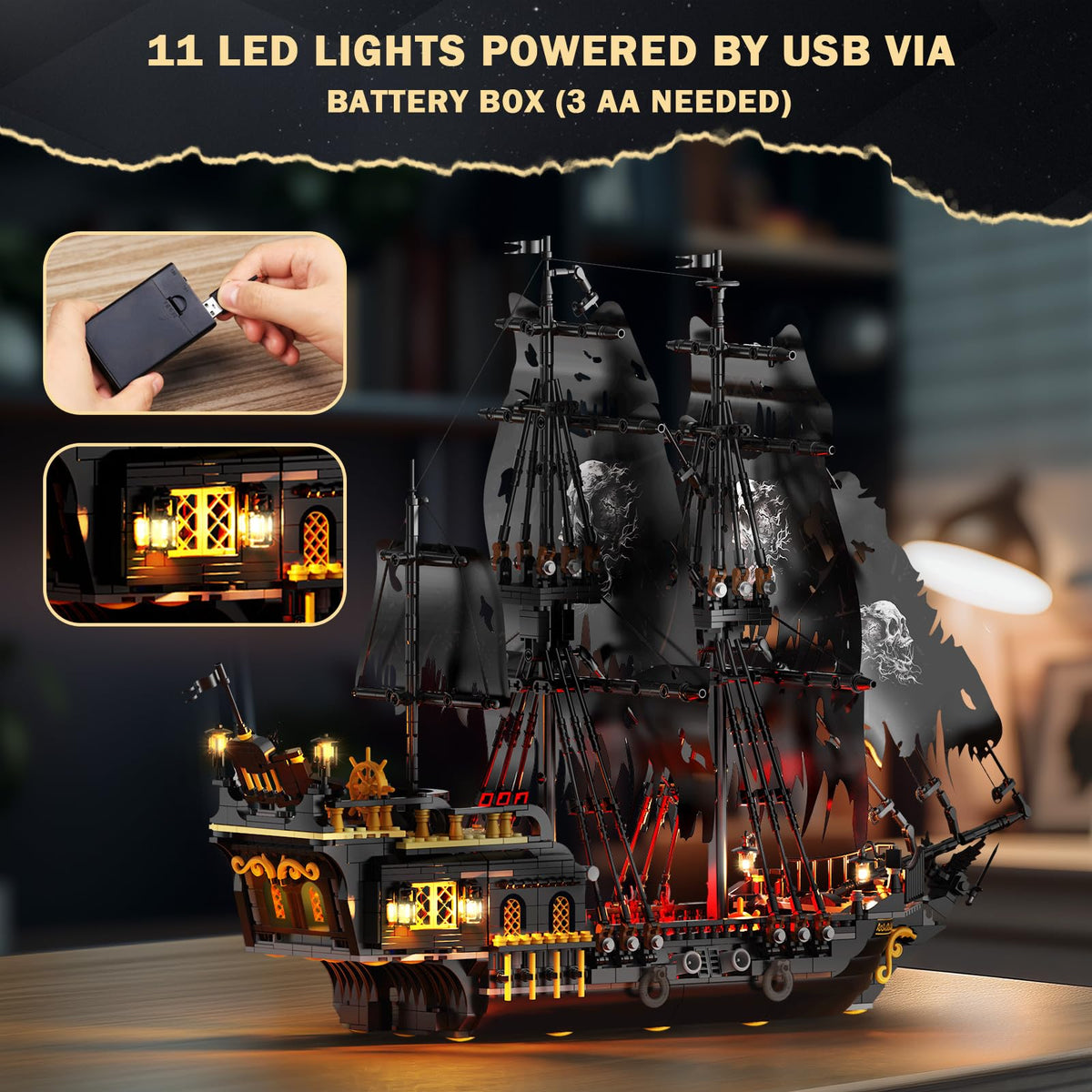 JMBricklayer Black Pirate Ship Model Building Set with Lights for Adults 🍁 All In One Marketplace Canada